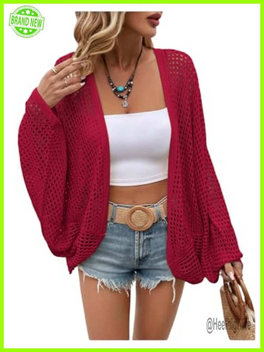 Women's Lightweight Crochet Open Front Cardigan Sheer Dolman Sleeve